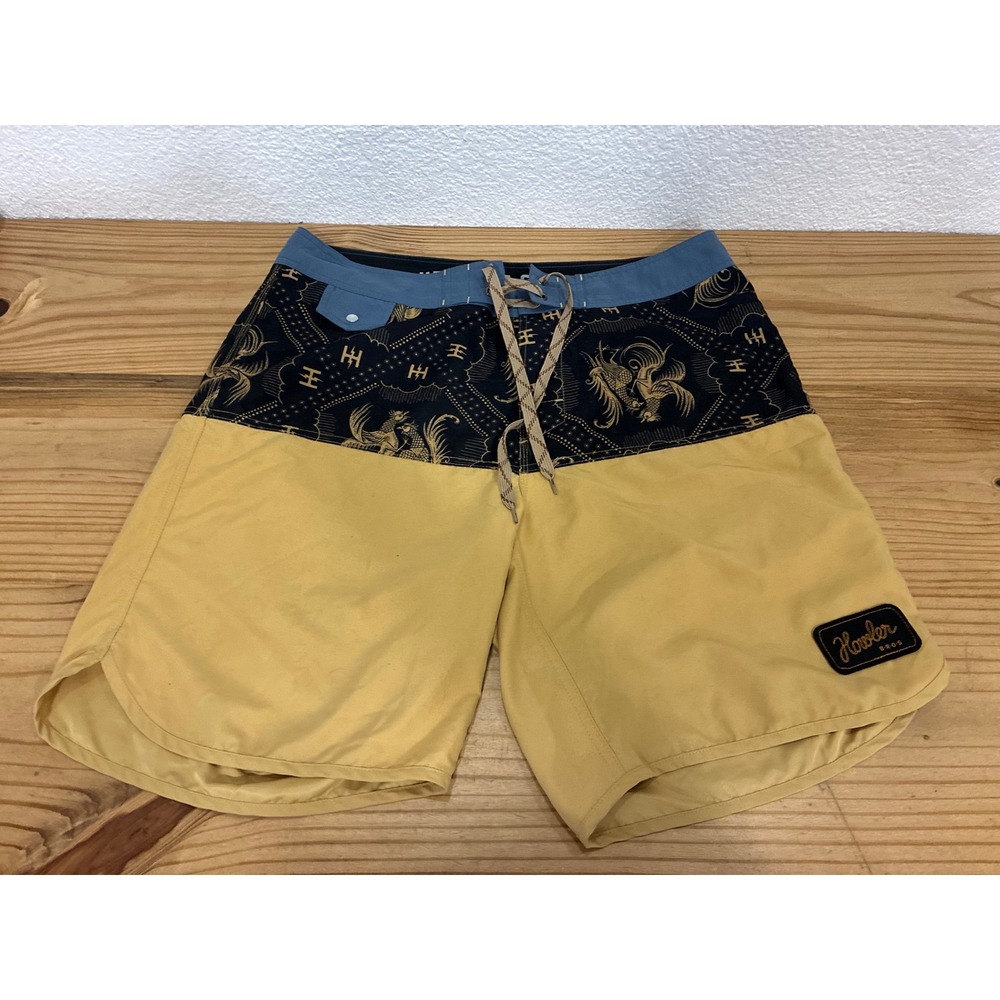 Howler Brothers Mens Board Shorts Mustard Yellow Navy Blue Rooster Print Size 35